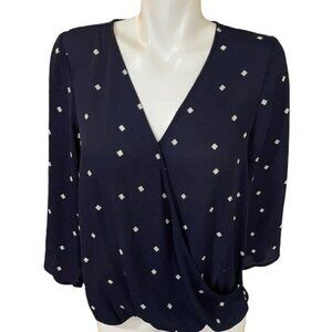 Mix by 41 Hawthorn Faux Wrap Blouse Women's Size Small Navy Cream Geo Pa…